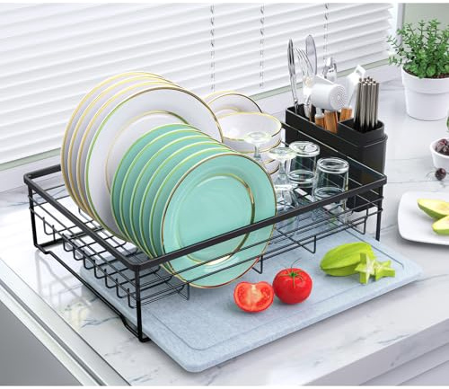 VABNEER Dish Drying Rack with Stone Drying Mat, Quick-Drying/Stainless/Super Sturdy/Space-Saving, Dish Strainers for Kitchen Counter, Escurridor de Trastes para Cocina (Black)