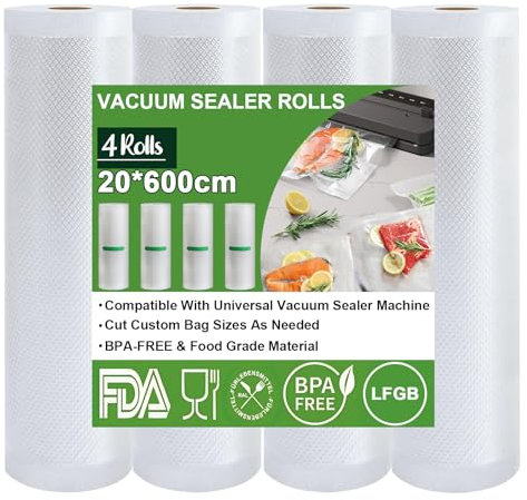 Omtofo Rouleau Sous Vide Alimentaire, 20 x 600 cm Film Sous Vide Alimentaire 4 Rouleaux, Approuvé par la FDA, LFGB, Sac sous Vide Alimentaire, Compatible Avec la Scelleuse Sous Vide