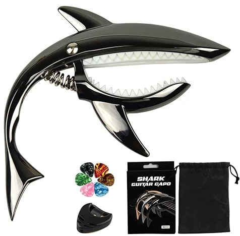 Guitar Capo Shark Shape Guitar Capo Acoustic Capo Electric Guitars Capo Premium Zinc Alloy Guitar Accessories Ukulele Mandolin Banjo Bass (Black with 6 Picks)
