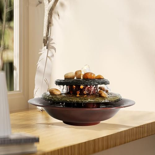 Weejian Drinnen Wasserfall 2-stöckiger Tischbrunnen aus Schiefer, Heimdekoration, beruhigender Regenklang, Meditation, entspannende Brunnen, Wasserspiel mit Licht für die Tischdekoration