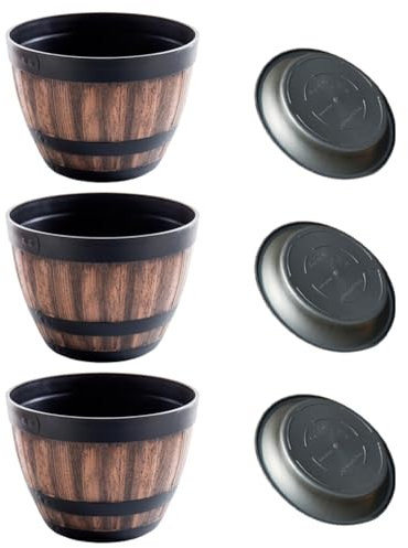 Booso Lot de 3 pots de fleurs en plastique imitation tonneau de vin, pour plantes de jardin, 30 cm