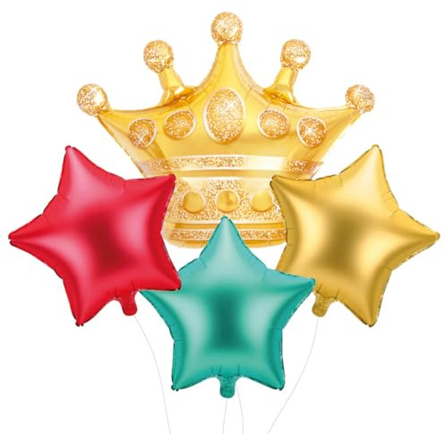 OH YEAH - 4 Globos Foil - Set 3 estrellas metalizadas - 1 Corona Oro - Apto Helio - Globo fiesta - Decoración Navidad - Reyes Magos - DISEÑO ÚNICO