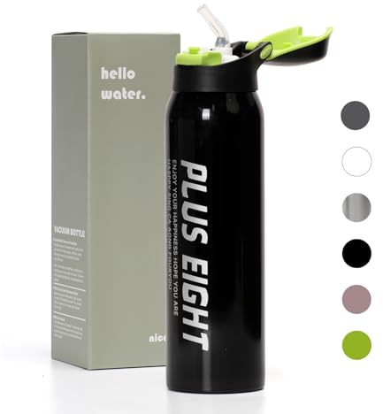 pluseight Insulated Water Bottle With Straw, 500ml Leak Proof 18/8 Stainless Steel Vacuum Tumbler for Sports, Gym or Office, BPA-Free Keep Cold 24H Hot 12H (Black)
