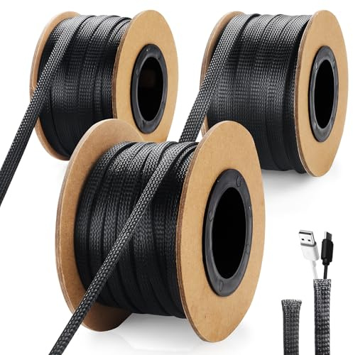 300 Feet 1/4, 1/2, 3/8 Inches Braided Wire Loom PET Cable Loom Expandable Sleeving Braided Sleeve for TV, Computer, Home Theater