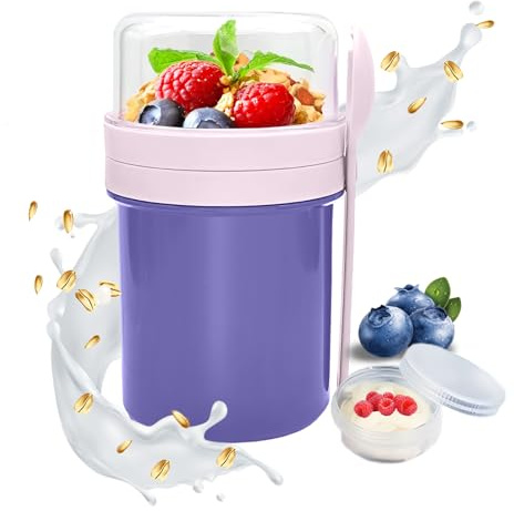 CIYIN Müslikopp to go med sked 250 + 450 ml, yoghurtkopp to Go, läckagesäker müslikopp to go, frukostkopp, återanvändbar, salladsmugg, för flingor, yoghurt, sallad, smoothie (lila)