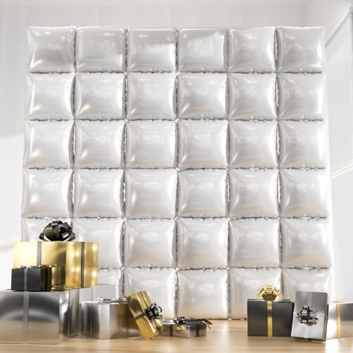 36pcs Pearl White Square Foil Balloons Backdrop Kit - 9.5ft White Elegant Balloon Wall/Tunnel for Birthday, Wedding, Baby Shower, 2025 Graduation Photo Booth (Straws & Ribbon Included)
