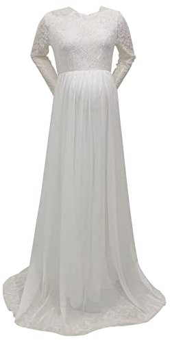 Generisch Abito da sposa Gravidanza Manica Lunga Pizzo Pressa Magica Donne Incinta Sexy Allentato Abito Lungo Abito Premaman Gravidanza Pantaloni Sportivi, bianco, L