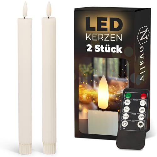 Stavljus LED med timer vit 2 st inomhus med 6 timmars timer – Riktigt WACHS ribbad 23 cm höjd för ljus 2,2 cm diameter 2 AAA-batterier krävs LED stavljus flimrande låga rörlig låga