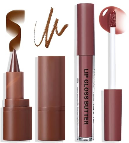 Lip Liner And Gloss Set,Dark Brown Plumping Lip Liner Stain& Moisturizing Butter Glossy Liquid Lipstick,Matte & High Shine Glossy, Long Lasting Waterproof Lightweight