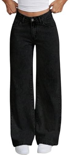 Generisch Y2K Jean pour fille Taille haute Jambe large avec nœuds Broderie Baggy Denim Pantalon droit pour enfants Pantalon décontracté avec poches, Noir , 12-13 ans