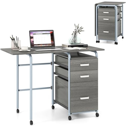 COSTWAY Folding Computer Desk, 2-In-1 Mobile PC Laptop Table with Rolling Wheels and 3 Drawers, Space Saving Home Office Workstation Study Writing Desk, 105x50x75cm (Gray)