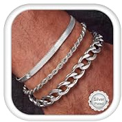 Morfetto 3Pcs Pulsera Hombre Acero Inoxidable No Se Empañan Cadena Set de Pulseras Hombre Oro Plata Robusto Brazalete Cadena Cubana Eslabones Caja Figaro Cómodo Regalos para Hombres TS-19.5