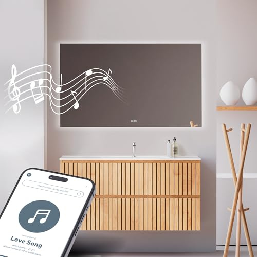 Feel Your Bath Espejo Bluetooth de Baño Rectangular 120 x 70 cm con Luz LED Regulable, Antivaho, Interruptor Táctil, Altavoces Integrados, Apagado Automático y Fácil Instalación