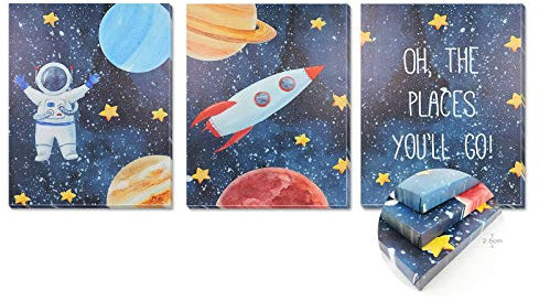 TIME HOME DEVELOPMENT Cuadros Infantiles de Lienzo Impreso con Bastidor para decoración Pared habitación Dormitorio niños - Pack tríptico 3 Cuadros con Bastidor Madera tamaño 40x50cm (Astronauta)