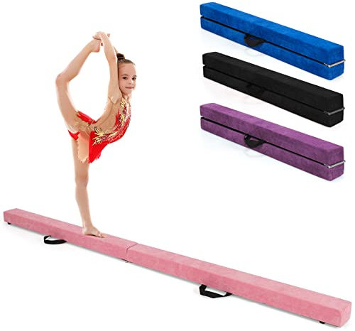 COSTWAY Poutre de Gymnastique Pliable de 210 cm, Barre de Gymnastique au Sol Portable en Flannel Doux avec Poignées de Transport, pour Enfants, Gymnastes (Rose)