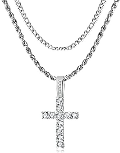 GEMOSA Cross Chain for Men Gold Silver Plated 5A+ Cubic Zirconia Stainless Steel Layered Cuban Link Rope Necklace 16-24 Inch Large Cross Chains Diamond Iced Out Pendant Jewelry Gifts