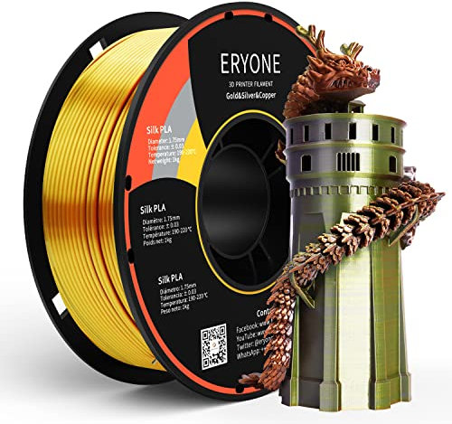 ERYONE Dreifarbiges Seiden PLA Filament 1.75mm,Seidiges Mehrfarbiges PLA-Filament für 3D-Drucker +/- 0,03 mm,Co-Extrusion Seiden PLA Filament 1 kg/Spule, Gold&Silber& Copper
