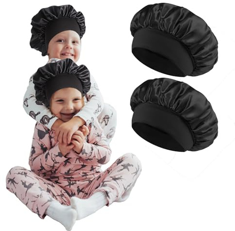 2 Pièces Bonnet Satin Cheveux Nuit pour Enfant,Bonnet de Sommeil Chapeau Nuit,Élastique à Large Band Réutilisable Bonnets de Nuit Doux pour Femmes (Petit Noir)