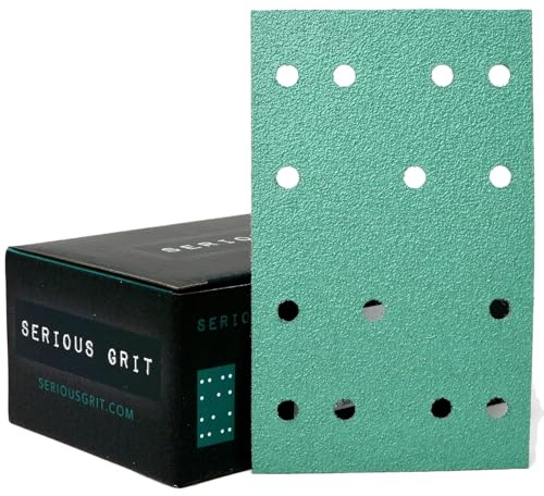 Serious Grit - 3 x 5 (80mm x 133mm) 14-Hole 80 Grit Sanding Sheets - Fits Festool RTS 400 & Mirka Deos 353 - Heavy-Duty Hook & Loop Film Abrasives - Sandpaper for Sheet Sanders - 50 Pack Box