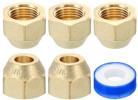 PATIKIL 3/8 Sae Laiton Flare Écrou, 5 Paquet 45 Degré Cuivre Évasé Tube Raccord Laiton Tuyau Raccord Capuchon avec Ruban pour Air Conditionneur Eau Gaz Conduite, Mat