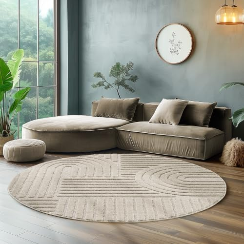 SIMPEX Tapis Rond 200 cm Beige, Grand Tapis Shaggy Poils Longs, Doux, Salon Style Scandinave Boho