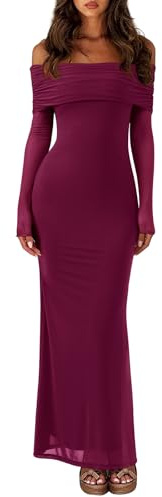 REORIA Women Long Sleeve Off Shoulder Formal Dress Elegant Stretch Mesh Double Lined Bodycon Long Party Wedding Guest Dresses Fall Winter Burgundy Medium