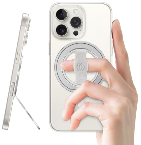 EWA MagOne 3rd Gen [Compatible with MagSafe] Phone Grip Stand with Finger Strap, Removable Magnetic Ring Holder Kickstand Loop for iPhone 17,16,15,14,13,12 Series (Silver-White)
