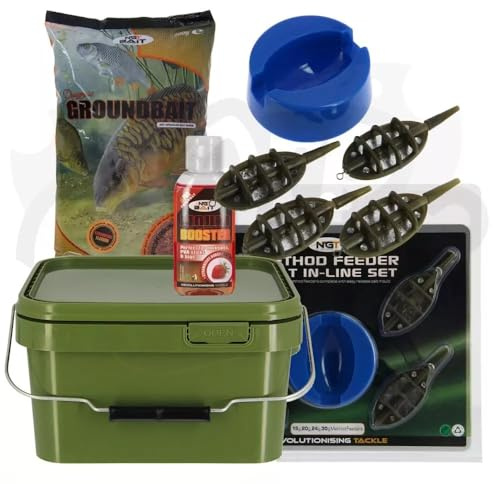 NGT Carp Fishing Ground Bait 4 + 1 Inline Feeder 5L Square Bucket + 50ml Liquid