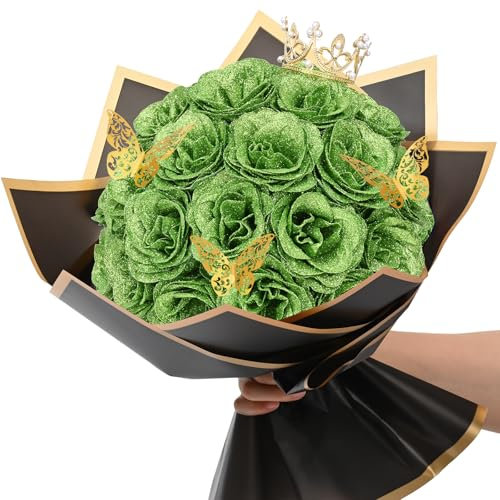 Waipfaru Glitter Roses Bouquet, DIY Green Fake Flowers Bouquet, Artificial Rose Bouquet for Valentines, Anniversary, Engagement, St. Patrick's Day, Mothers Day Gifts, Wedding, 24 Roses