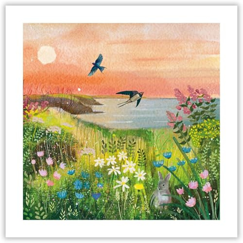 Museums & Galleries Birthday/Blank Greeting Card - Blank Card for Women with Artistic Sunset Swallows Design - General Card Suitable for Any Occasion