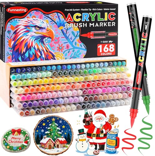 Funnasting 168 Color Rotuladores Acrilicos, Cabeza de Cepillo Suave Rotulador Acrilico, Marcadores Acrílicos de 1 a 6 mm para piedras, resistentes al agua, colorear, vidrio, tela