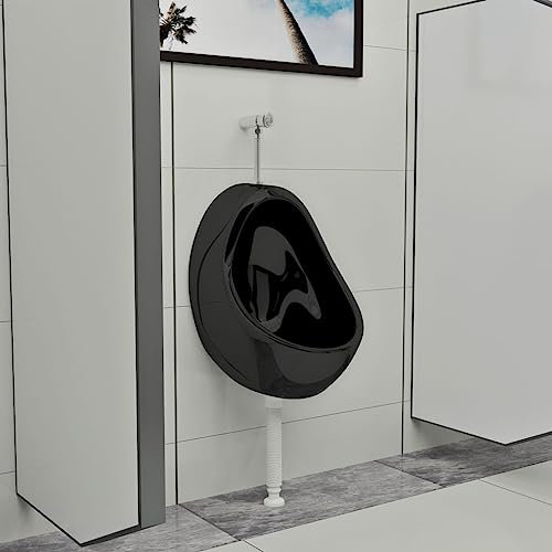 Myheimly Wandurinal mit Spülventil Keramik Schwarz Pissoir Pissbecken Pinkelbecken Absaugeurinal Ablauf Badezimmer Top Spülung Oval