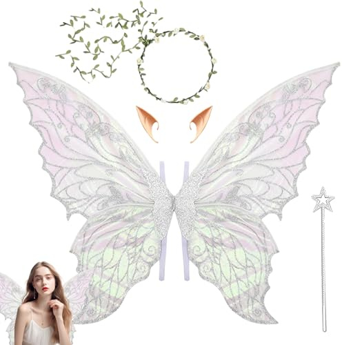 Kezidhp Disfraz de Alas de Hada con Alas de Mariposa, Orejas de Elfo, Corona de Flores & Varita Mágica – Alas de Hada Niños y Adultos, Ideal para Halloween, Carnaval, Cosplay & Cumpleaños