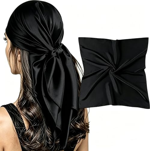 BAIWANLHC Silk Head Scarf, Black Satin Hair Scarf, 35.4 * 35.4 inches Large Lightweight Square Hair Wraps Scarf for Ladies Girls Hair Sleep