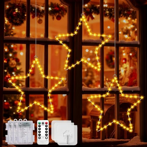 Lypumso Stella di Natale Luminosa, 3 Pezzi 45 LED Luci di Natale Stelle 8 Modalità con Timer Batteria IP44, Decorazioni Natalizie per Esterno Interno, Finestra, Albero, Balcone, Matrimonio, Festa