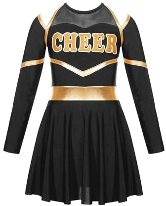 LSNNMU Kinder Cheerleader Kostüme Schule Mädchen Cheerleading Uniform Kleid Jubeln Team Kleidung Sets for Tanzen Wettbewerb(Black,16)