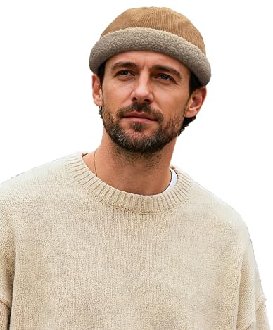 Clakllie Winter Docker Hat for Men Warm Corduroy Brimless Hats Adjustable Beanie Skull Cap Vintage Watch Sailor Cap,FM25W09-Khaki