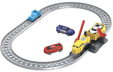 Train électrique avec Passage à Niveau, Coffret Comprenant Une Locomotive, Une Voiture et 4 Wagons, 2 mètres de Rails, Jouet éducatif pour Enfants à partir de 3 Ans.