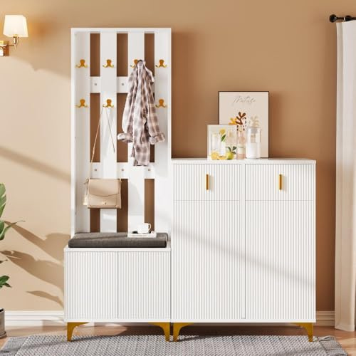 Bladez Set appendiabiti con panca e cuscino, con gancio dorato e scarpiera con 2 ante + 2 cassetti, design ondulato, set completo per mobili da corridoio (bianco/oro)