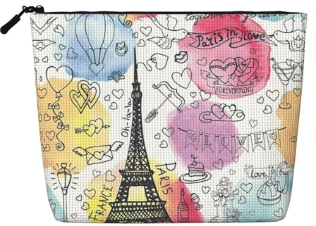 French Paris Tour Eiffel Tower Cosmetic Organizer Large Fake Hemp Bag, Water Resistant Zippered Pouch for Daily Travel