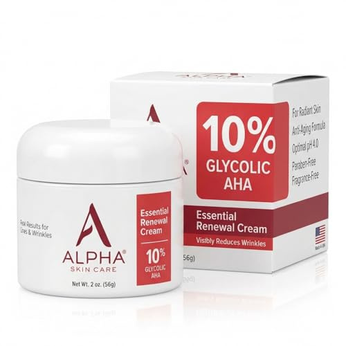 Alpha Skin Care Essential Renewal Cream, 10% Glycolic AHA, Anti-Aging Formula, Reduces Lines & Wrinkles, Alpha Hydroxy Acid Exfoliates for Smoother Skin, Normal, Sensitive or Dry Skin, 2 Oz