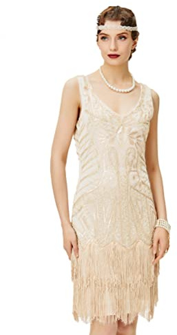 BABEYOND Años 20 Estilo Vintaje Vestido con Cuello en V Gatsby Disfraz Vestido con Flecos de Lentejuelas (Beige, XL)