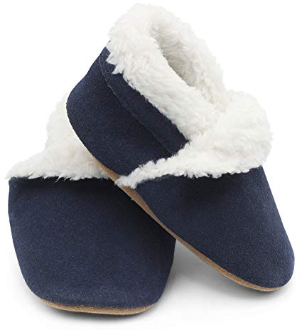 Dotty Fish Suede Baby & Kids Slippers - Non-Slip - Navy 2-3 Years