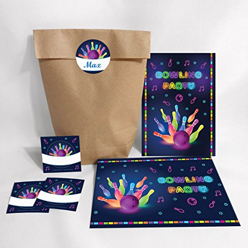 8-er Set Einladungskarten, Umschläge, Tüten, Aufkleber zum Kindergeburtstag Bowling für Mädchen und Jungen/Erwachsene/bunte Einladungen zum Geburtstag/Geburtstagseinladungen