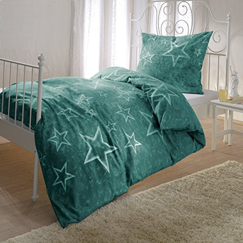 G BETTWARENSHOP Biber Bettwäsche Sterne grün kuschelig weich aus 100% Baumwolle mit Reißverschluss ideal für den Winter 155x200 cm + 80x80 cm