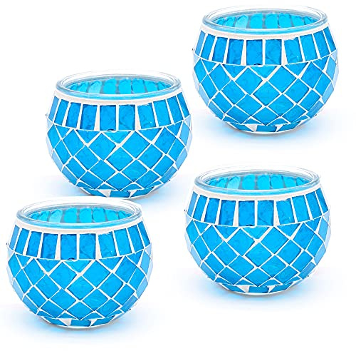 Mosaic Glass Candle Holder Vintage Jar Tealight Holders, Home Decoration with upto 8 Hour Burn Tea Light Candles (Blue 4 Pack)