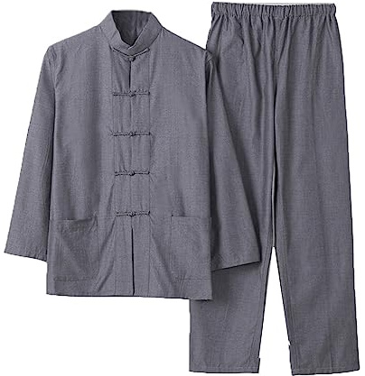 Traditionelles chinesisches Hemd mit langen Ärmeln, Tang, Kung Fu Uniform, Hemd für Männer, Kung Fu Jacke, Hose, reine Baumwolle, Tai Chi, Uniform, Hanfu Kung Fu Wing Chun Ch Grey 2-XL, Grey2., XL-XXL