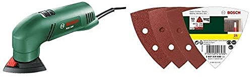 Bosch Deltaschleifer PDA 180 (im Karton) + 25tlg. Schleifblatt-Set verschiedene Materialien für Deltaschleifer (Körnung 60/120/240, 6 Löcher)