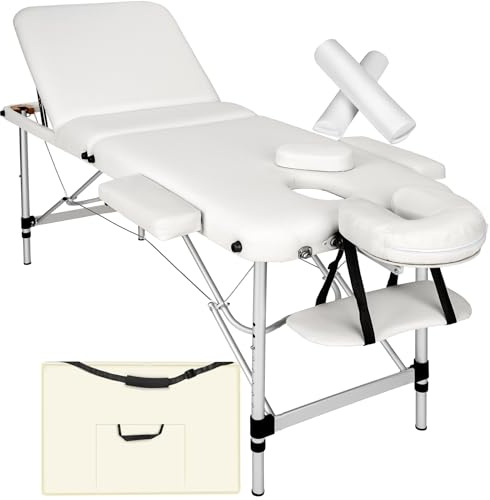 tectake® Lettino Massaggio Portatile, 3 Zone, in Alluminio, Gommapiuma, Rivestimento in Pelle Sintetica PVC, Regolabile - lettino fisioterapia, Lettino pieghevole, Lettino Estetista, 210x95cm - bianco