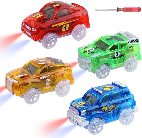 Sikkeby Magic Track Cars - Set di 4 Auto da Corsa con Accessori di Ricambio - Regalo per Bambini 3-8 Anni, Compatibile con La Maggior Parte Delle Piste